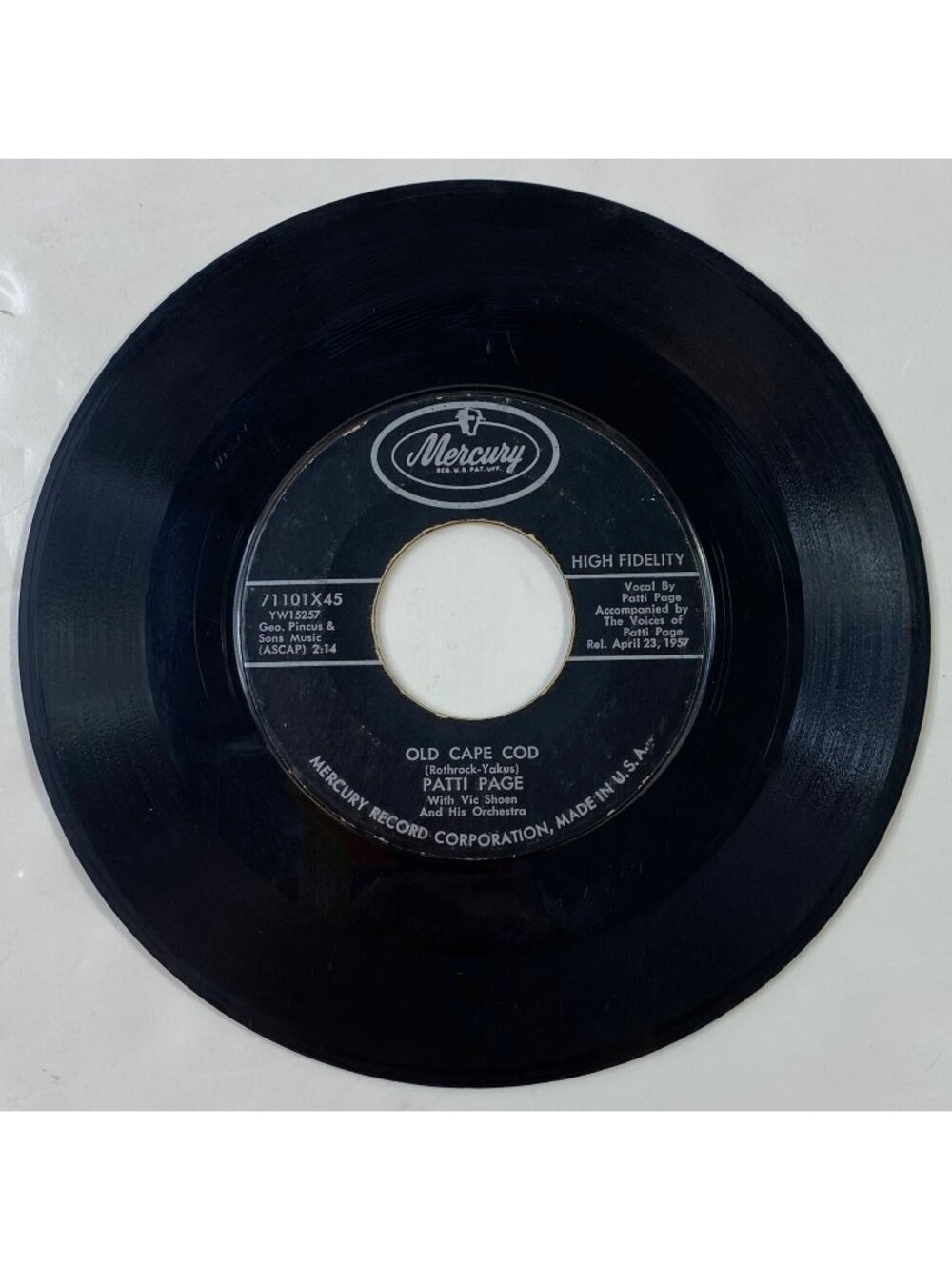 Vintage Mercury Records 45 RPM Vinyl Single Patti Page Old Cape Cod/Wondering